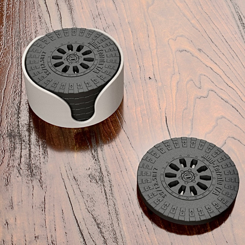 Off-Road Tire Coaster Set - Rugged Wheel-Inspired Drink Protectors with Holder (Set of 6)