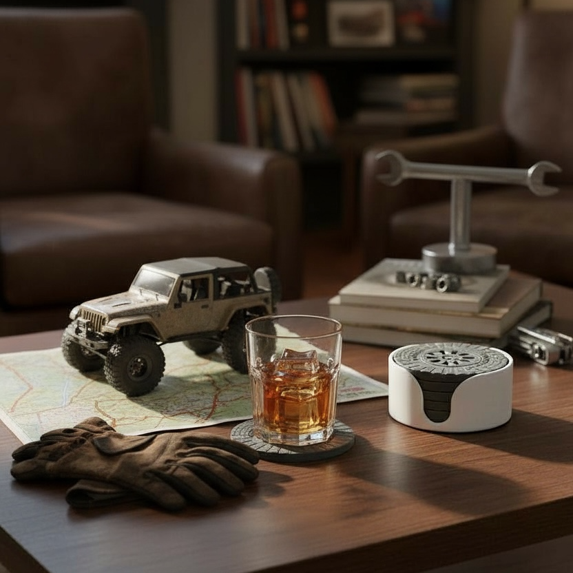 Off-Road Tire Coaster Set - Rugged Wheel-Inspired Drink Protectors with Holder (Set of 6)